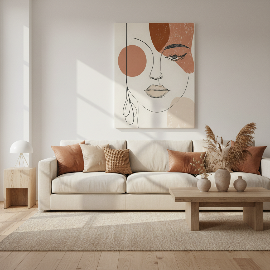 Abstract Woman Face Canvas Art – Minimal Line Portrait in Earth Tones