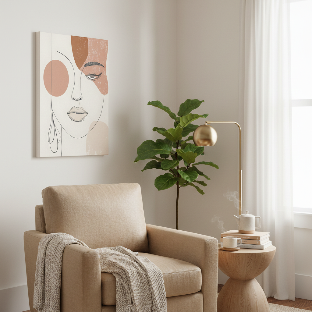 Abstract Woman Face Canvas Art – Minimal Line Portrait in Earth Tones