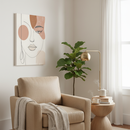 Abstract Woman Face Canvas Art – Minimal Line Portrait in Earth Tones