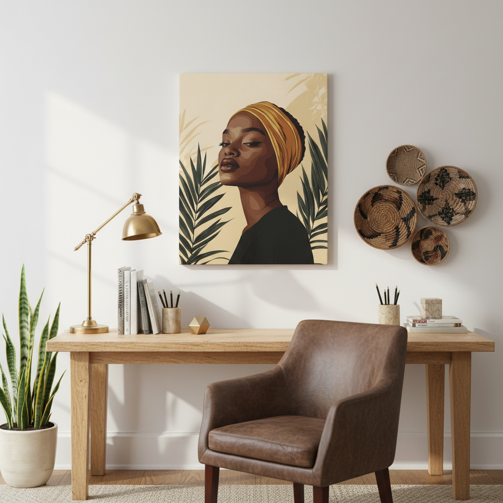 Modern Afrocentric Portrait Canvas — Elegant Woman with Headwrap Matte Stretched Print