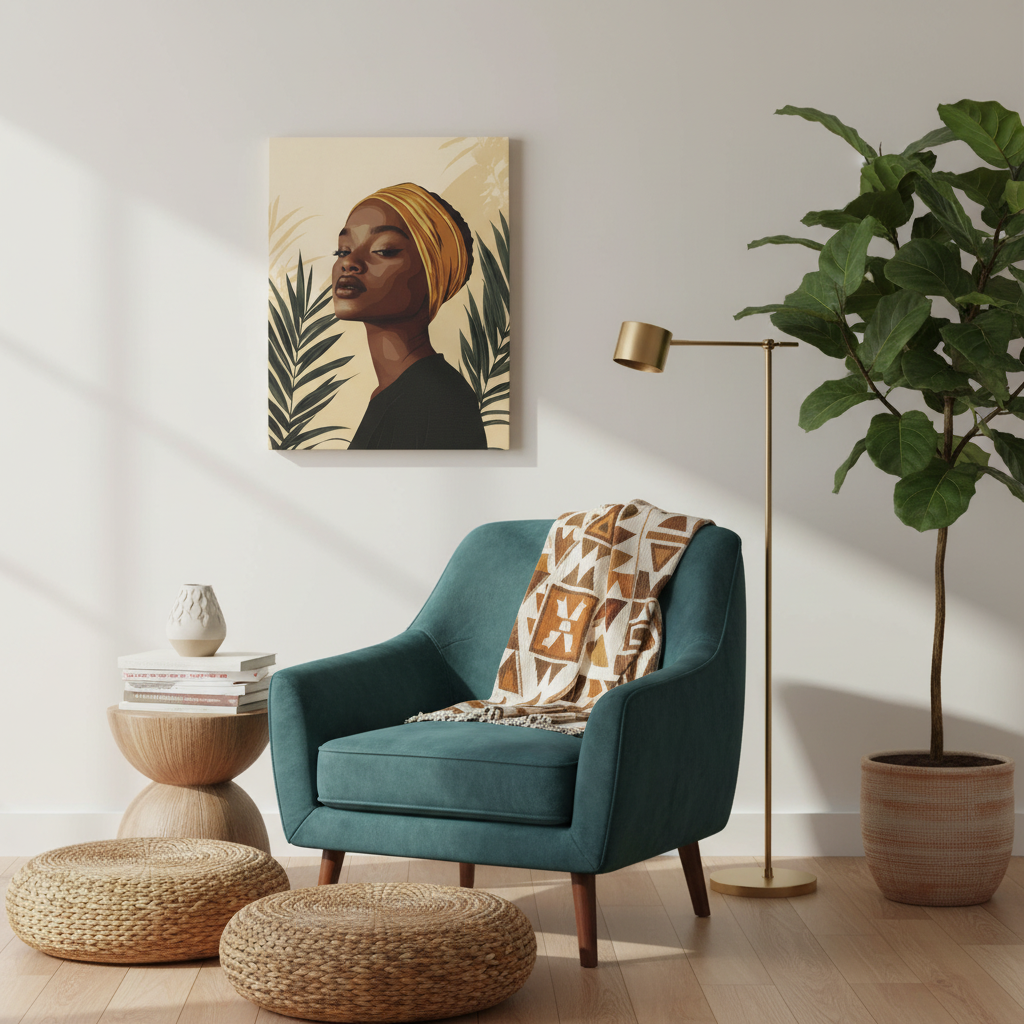 Modern Afrocentric Portrait Canvas — Elegant Woman with Headwrap Matte Stretched Print