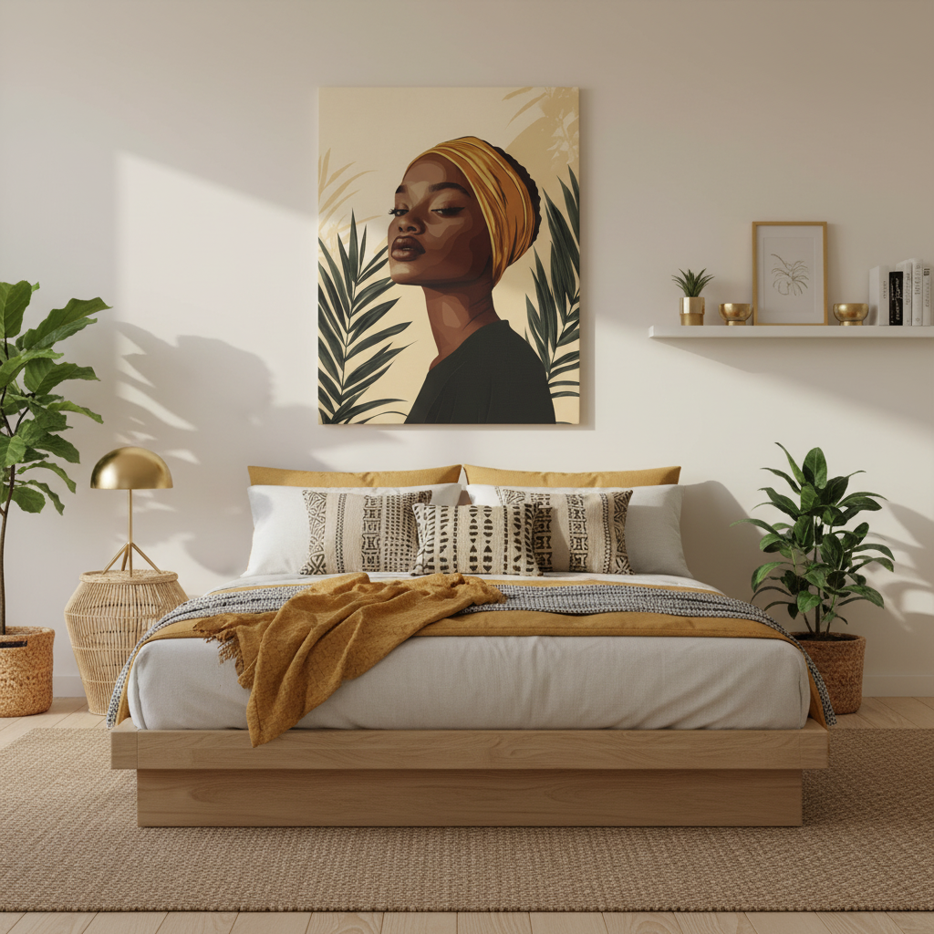 Modern Afrocentric Portrait Canvas — Elegant Woman with Headwrap Matte Stretched Print