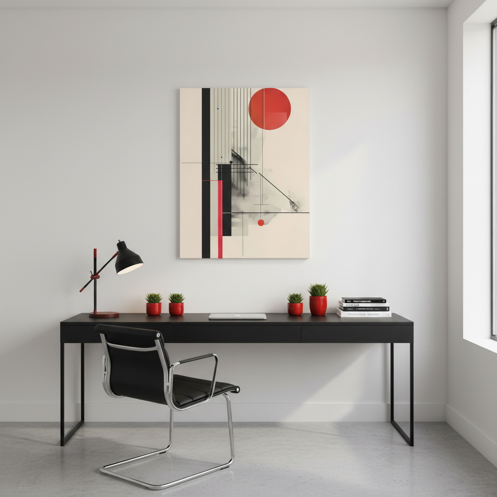 Bauhaus Inspired Canvas Print: Geometric Structure in Black and Sun Red