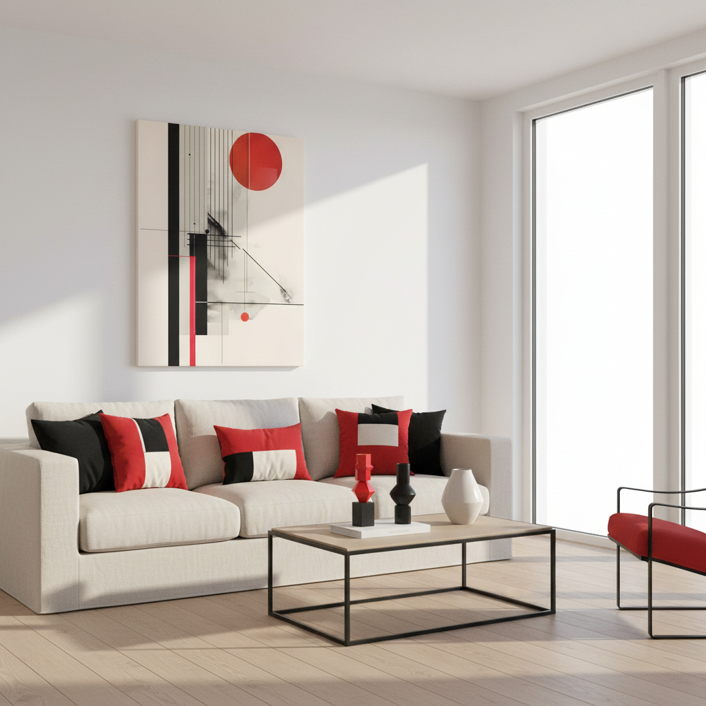 Bauhaus Inspired Canvas Print: Geometric Structure in Black and Sun Red