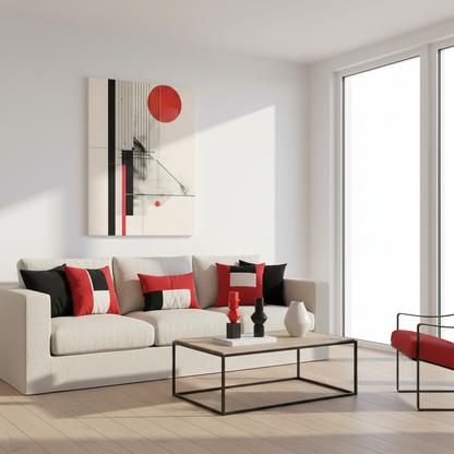 Bauhaus Inspired Canvas Print: Geometric Structure in Black and Sun Red