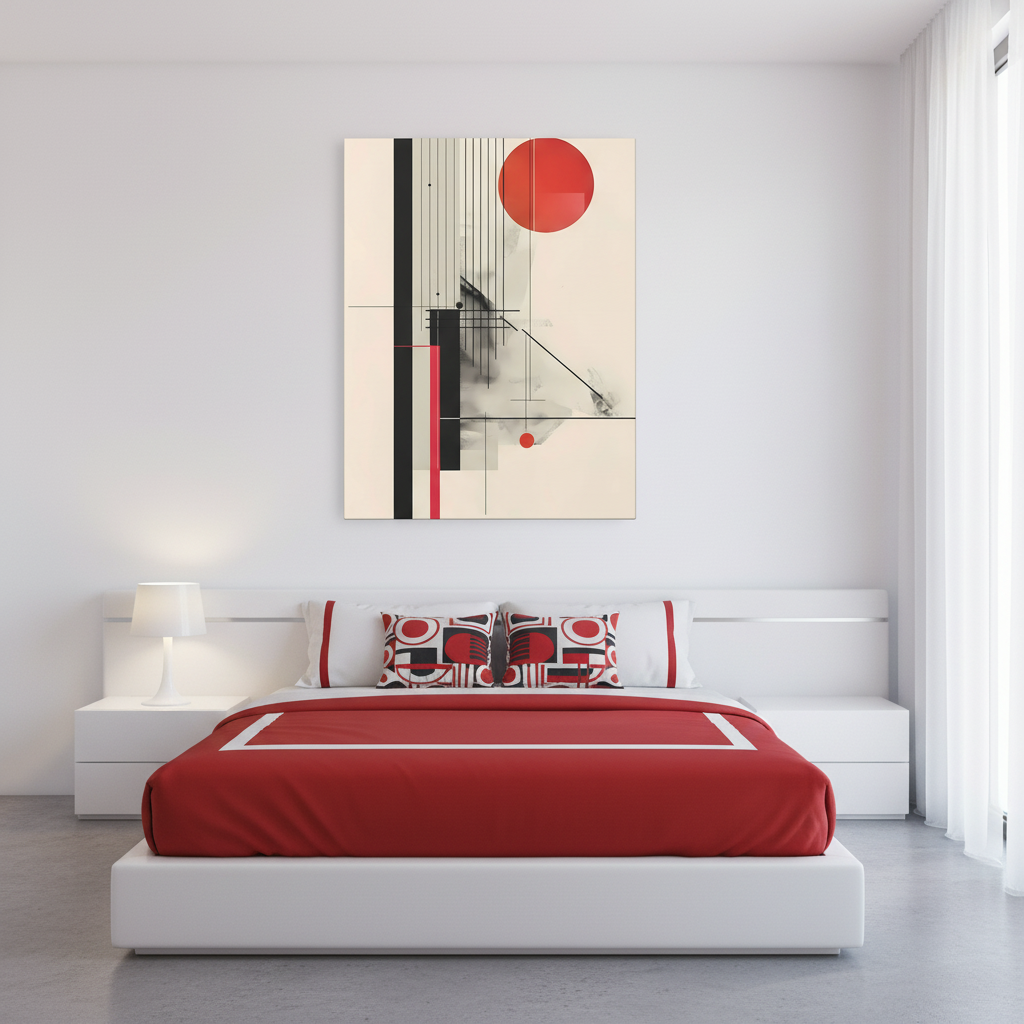 Bauhaus Inspired Canvas Print: Geometric Structure in Black and Sun Red