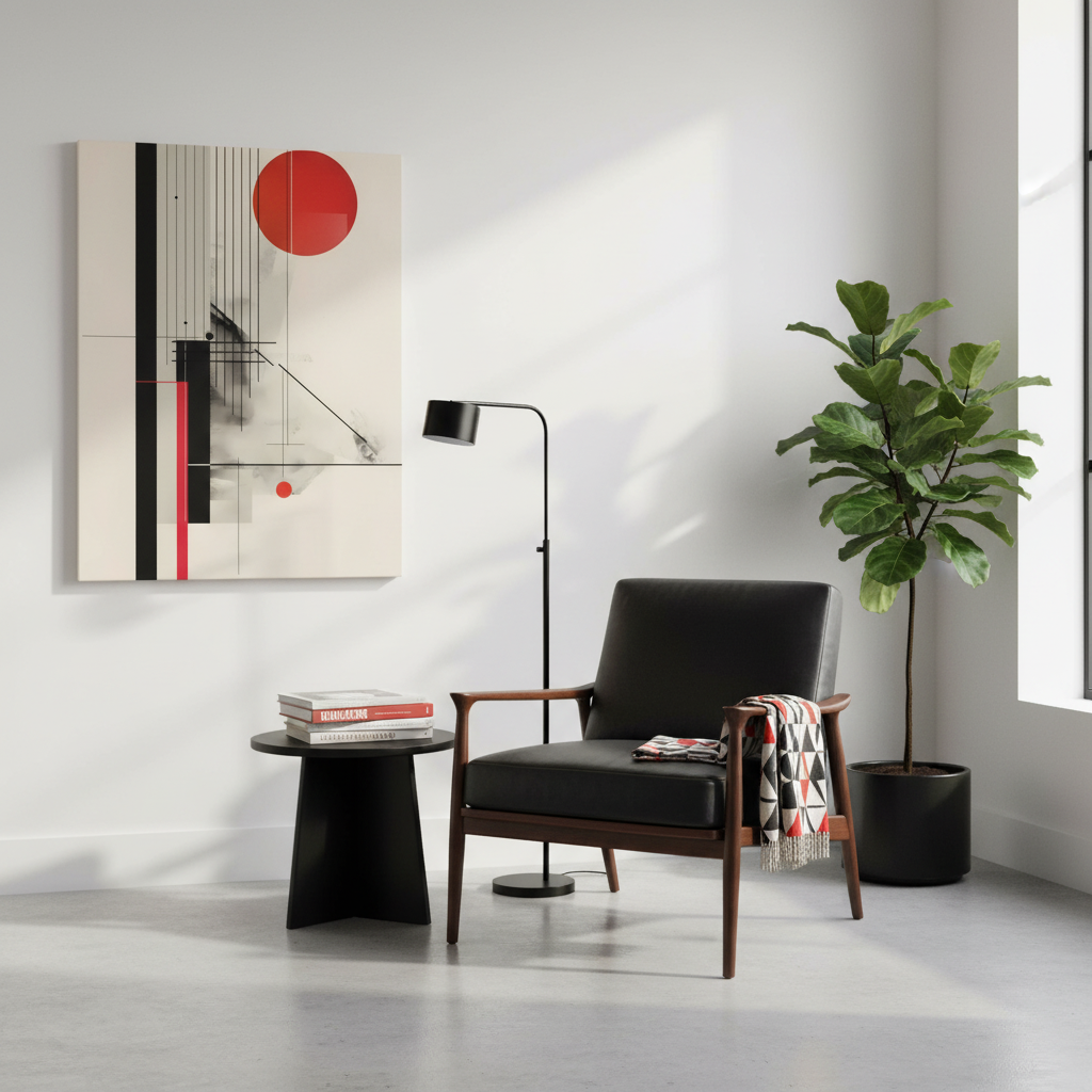 Bauhaus Inspired Canvas Print: Geometric Structure in Black and Sun Red