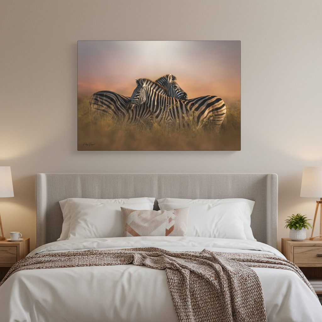 Crossed Zebras at Sunset – By Photographer Patsy Weingart