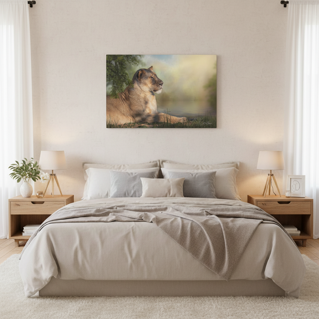 Resting Lioness by the Water – African Wildlife Canvas Print by Photographer Patsy Weingart