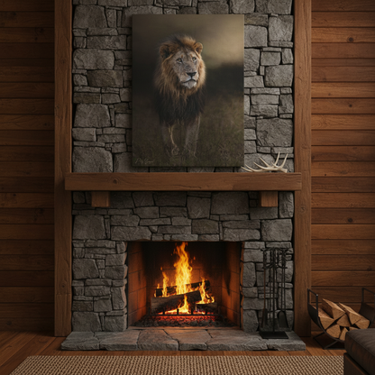 Under the Gathering Sky – Advancing Lion by Photographer Patsy Weingart