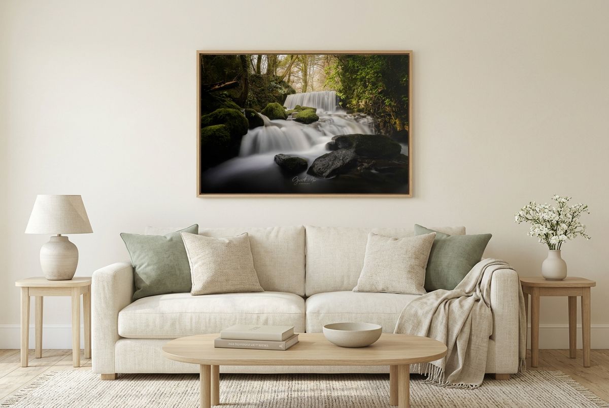 Centred living-room banner with a more realistically sized waterfall canvas