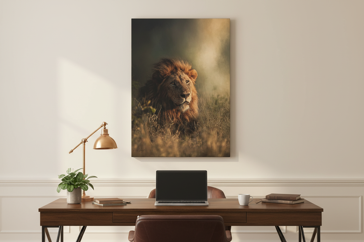 Embers of the Grassland canvas in home office setting