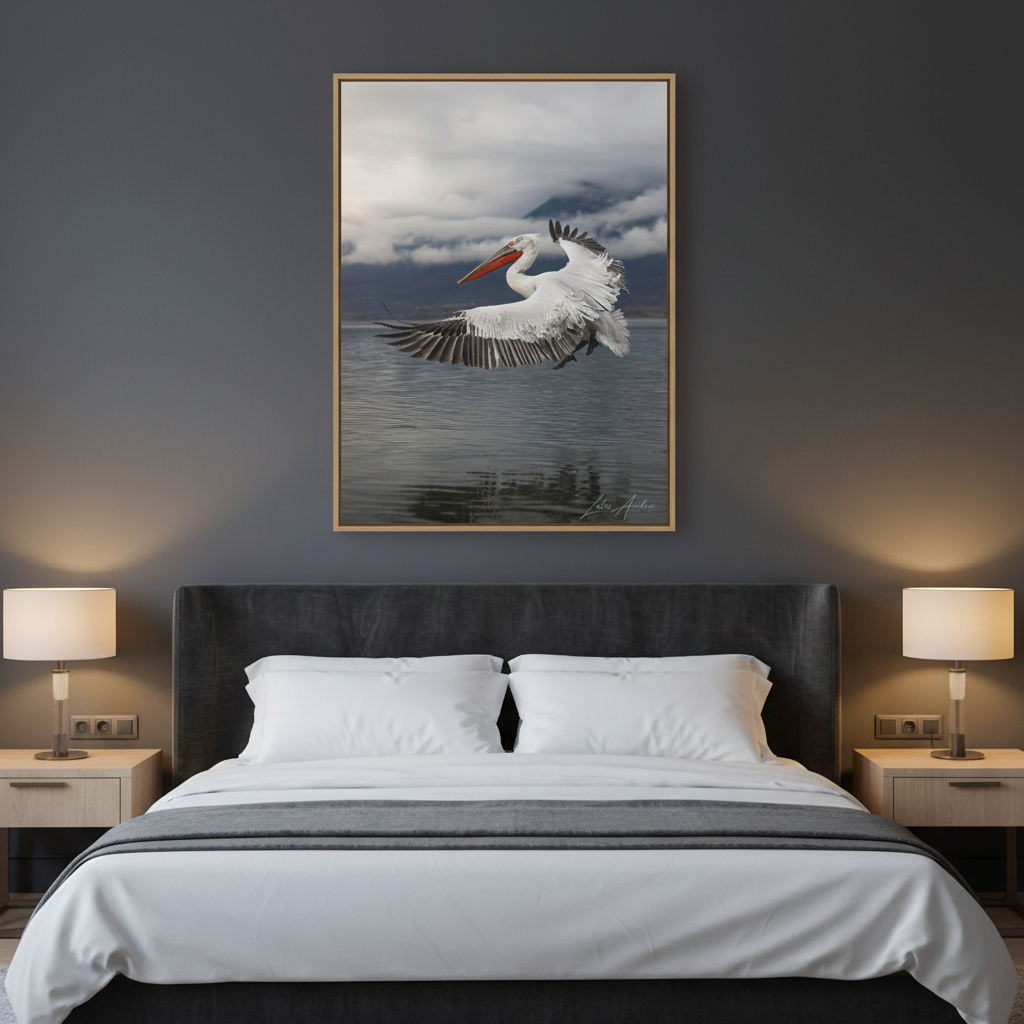 Dalmatian Pelican in Flight Over Still Waters – By Photographer Lukas Andersen