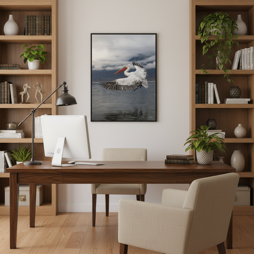 Dalmatian Pelican in Flight Over Still Waters – By Photographer Lukas Andersen