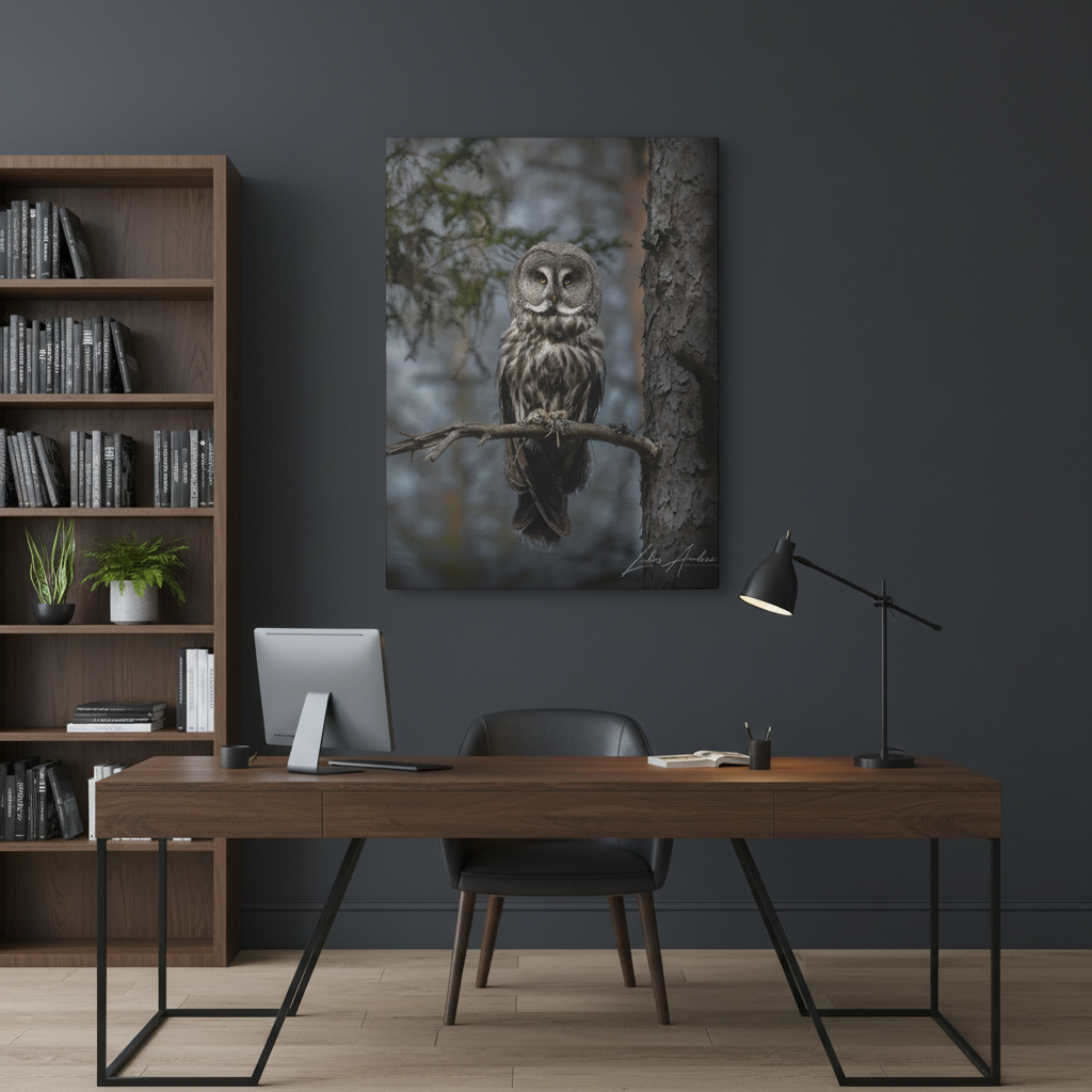 Great Gray Owl on Woodland Branch – By Photographer Lukas Andersen