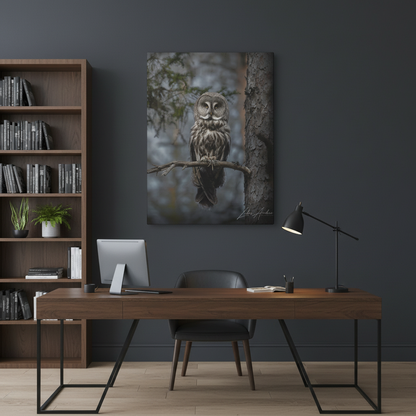 Great Gray Owl on Woodland Branch – By Photographer Lukas Andersen