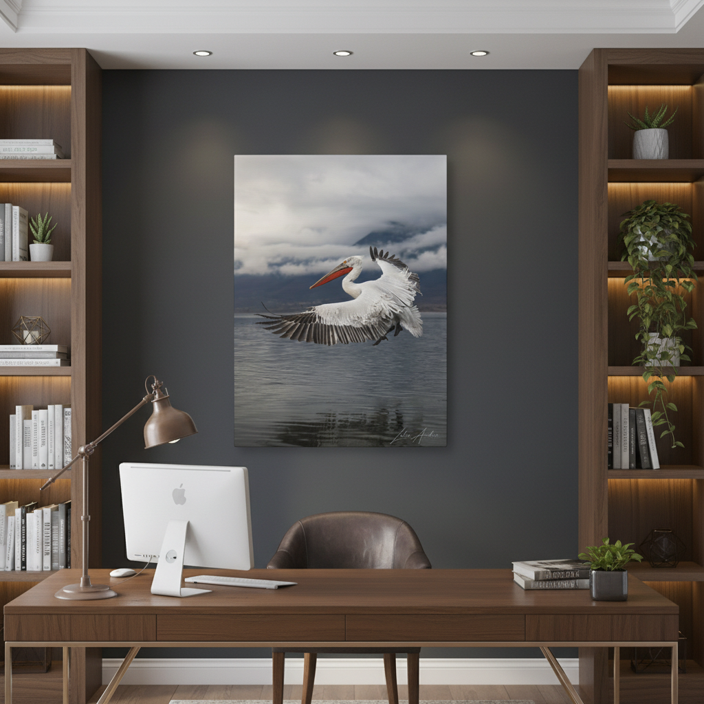 Dalmatian Pelican in Flight Over Still Waters – By Photographer Lukas Andersen