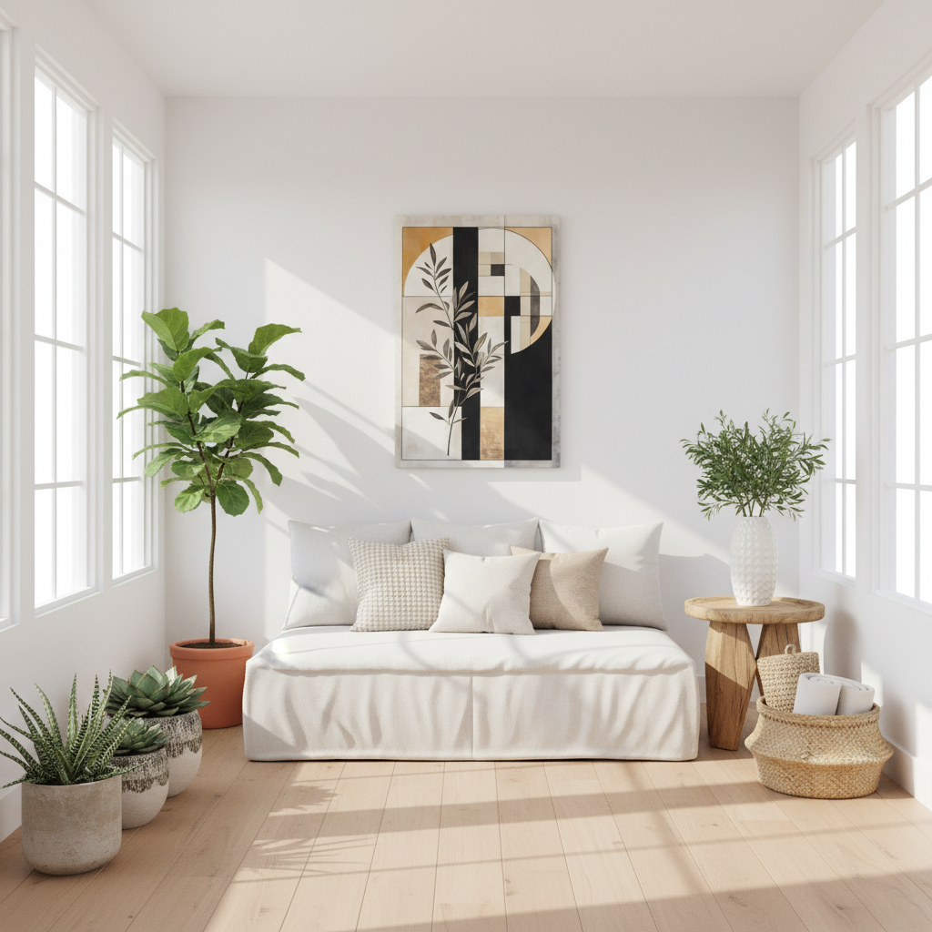 Abstract Botanical Canvas Wall Art – Geometric Olive Branch Matte Stretched Canvas