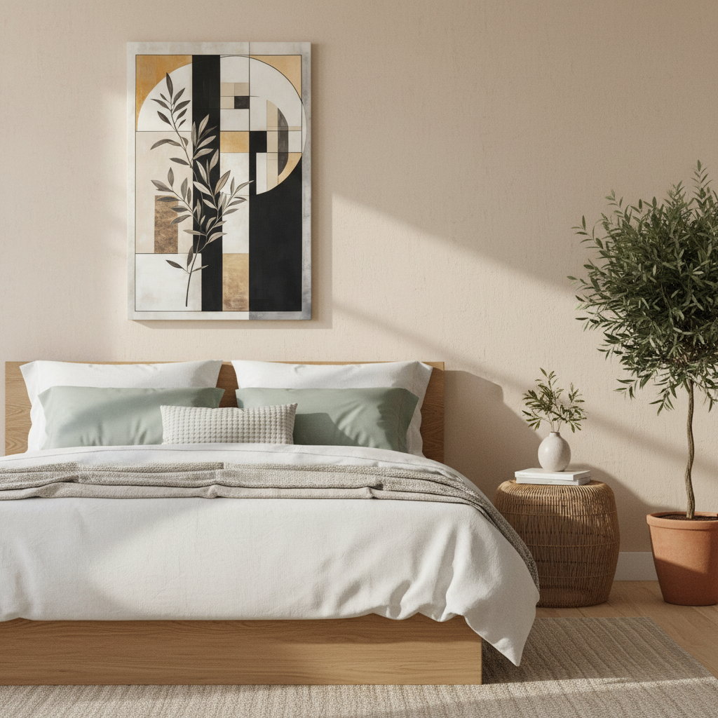 Abstract Botanical Canvas Wall Art – Geometric Olive Branch Matte Stretched Canvas