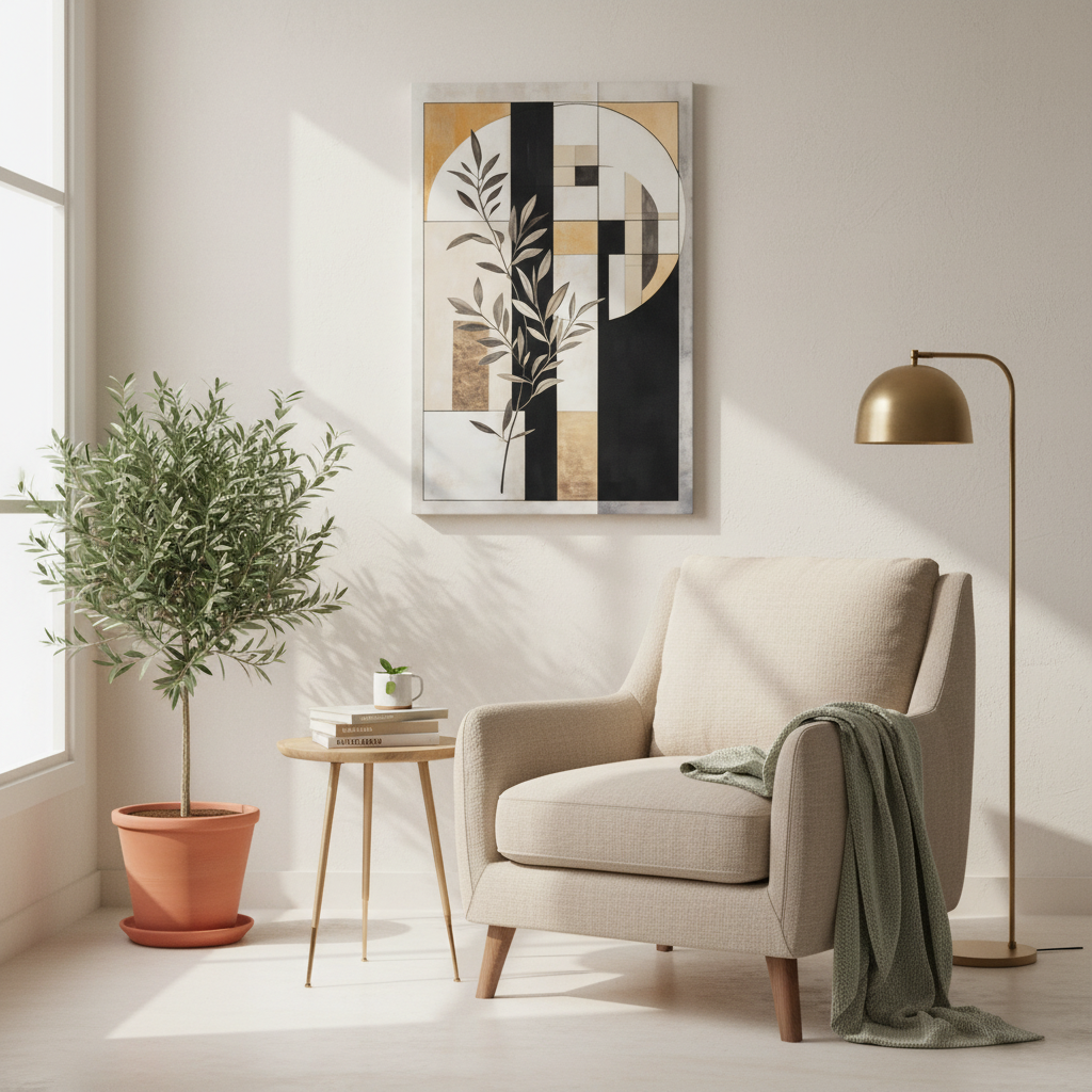 Abstract Botanical Canvas Wall Art – Geometric Olive Branch Matte Stretched Canvas