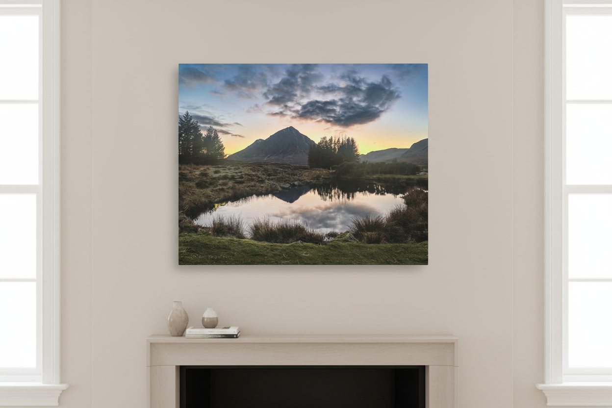 Glen Coe sunset canvas above fireplace header
