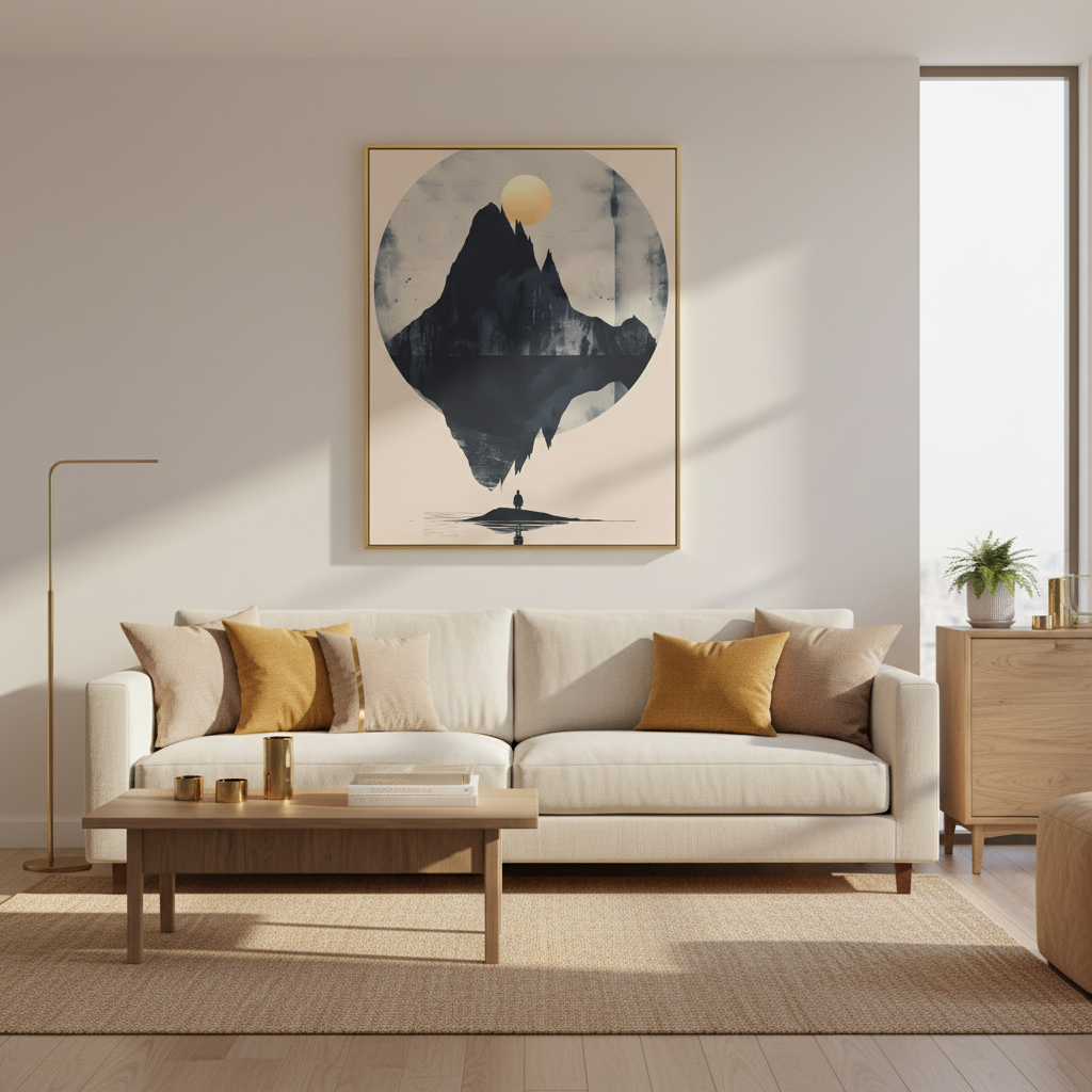 Golden Solstice Canvas Art: Abstract Mountain Reflection