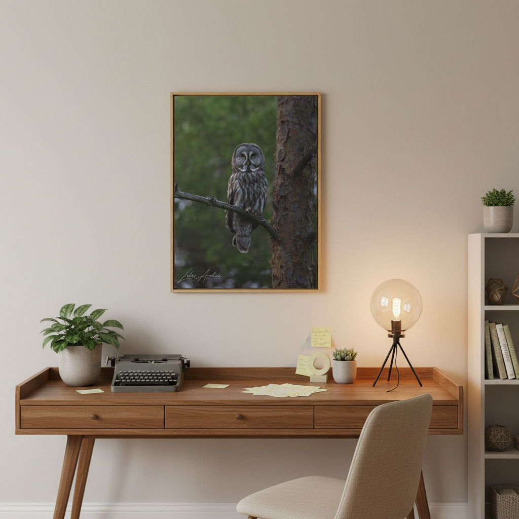 Great Gray Owl Portrait on Forest Branch – By Photographer Lukas Andersen
