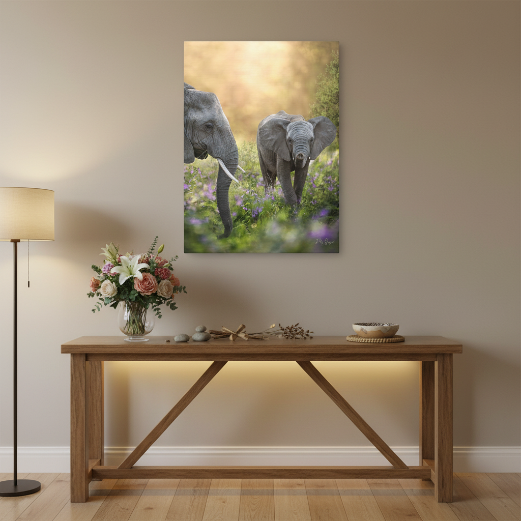 Morning Bond – Adult and Young Elephant in Flowered Meadow by Photographer Patsy Weingart