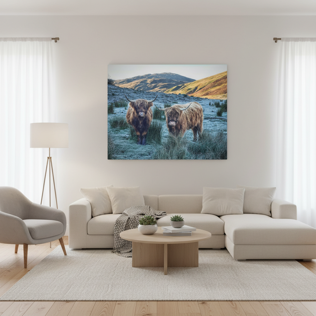 Highland Cows at Sunrise, Scottish Highlands – Canvas Print by Fergus King
