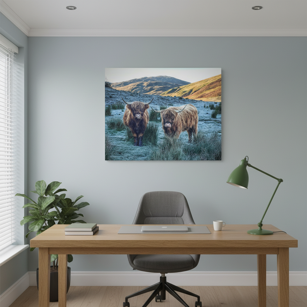 Highland Cows at Sunrise, Scottish Highlands – Canvas Print by Fergus King