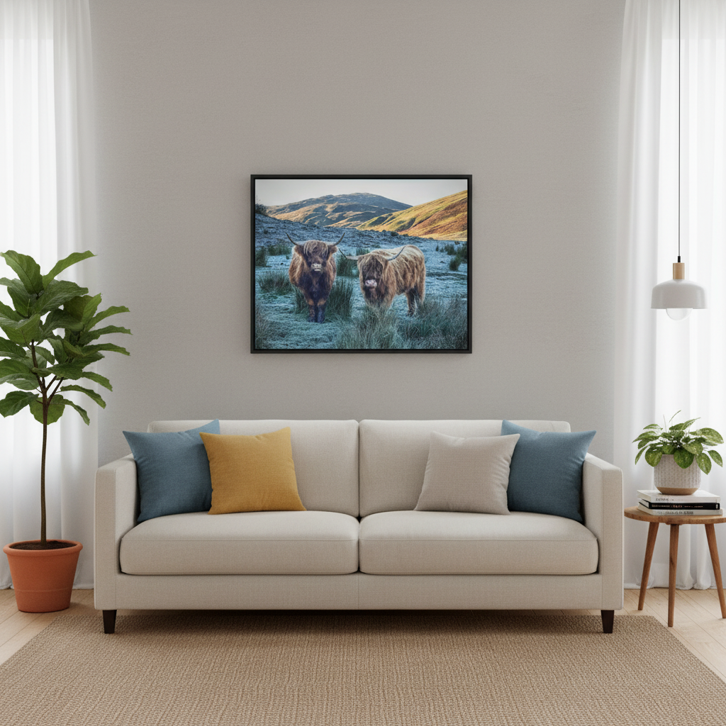 Highland Cows at Sunrise, Scottish Highlands – Canvas Print by Fergus King