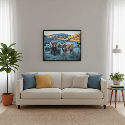 Highland Cows at Sunrise, Scottish Highlands – Canvas Print by Fergus King