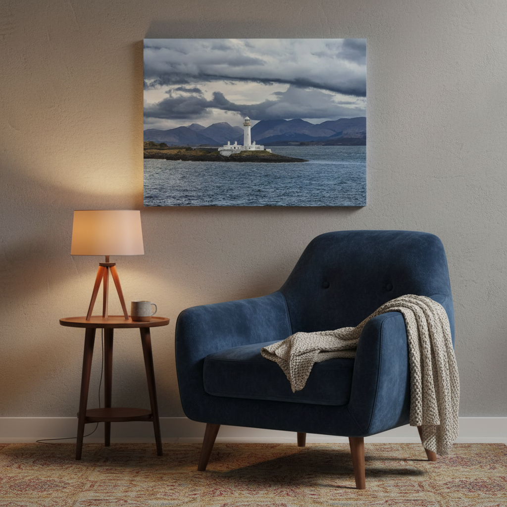 Lismore Lighthouse in Stormy Seas – Canvas Print by Photographer Fergus King