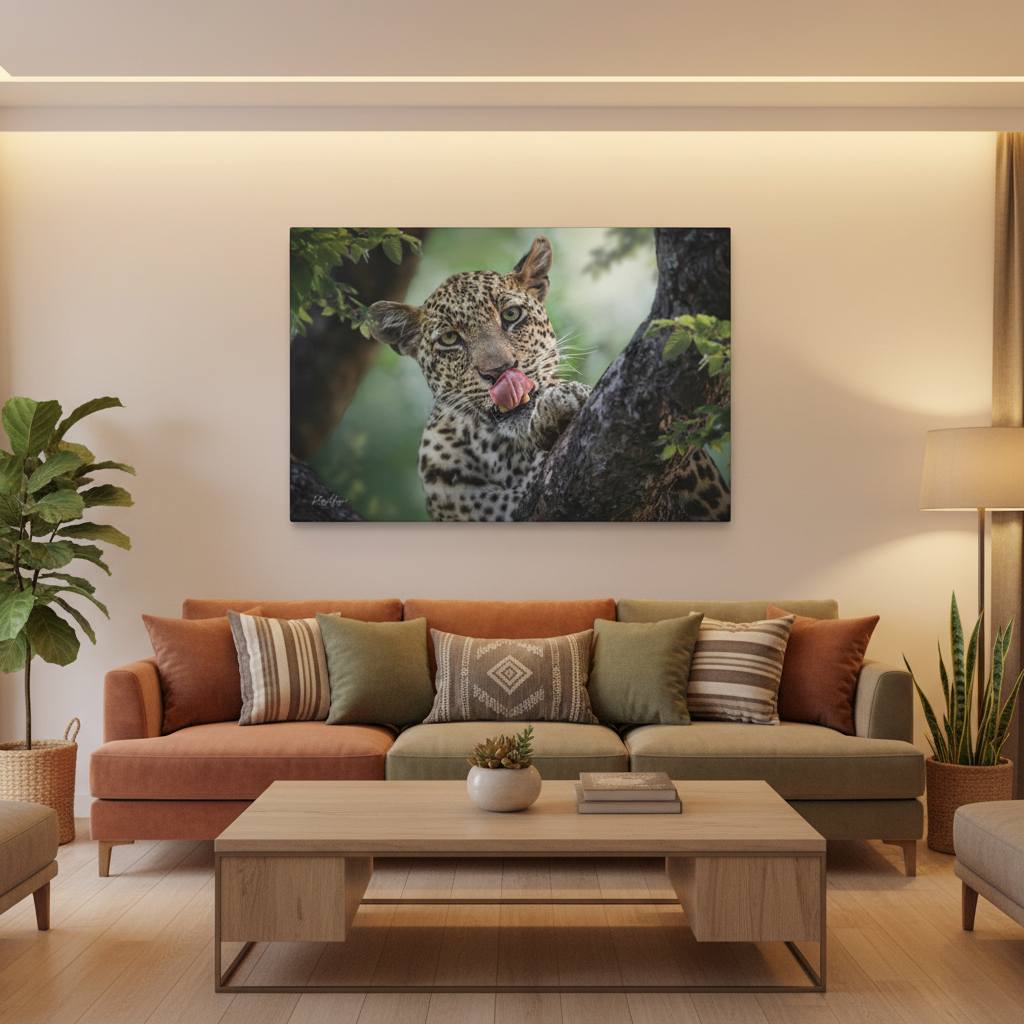 Leopard Gaze in the Canopy – African Wildlife Canvas Print by Photographer Patsy Weingart