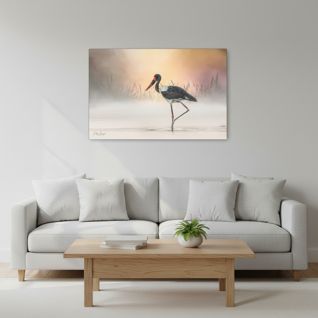 Saddle‑Billed Stork in the Mist – By Photographer Patsy Weingart