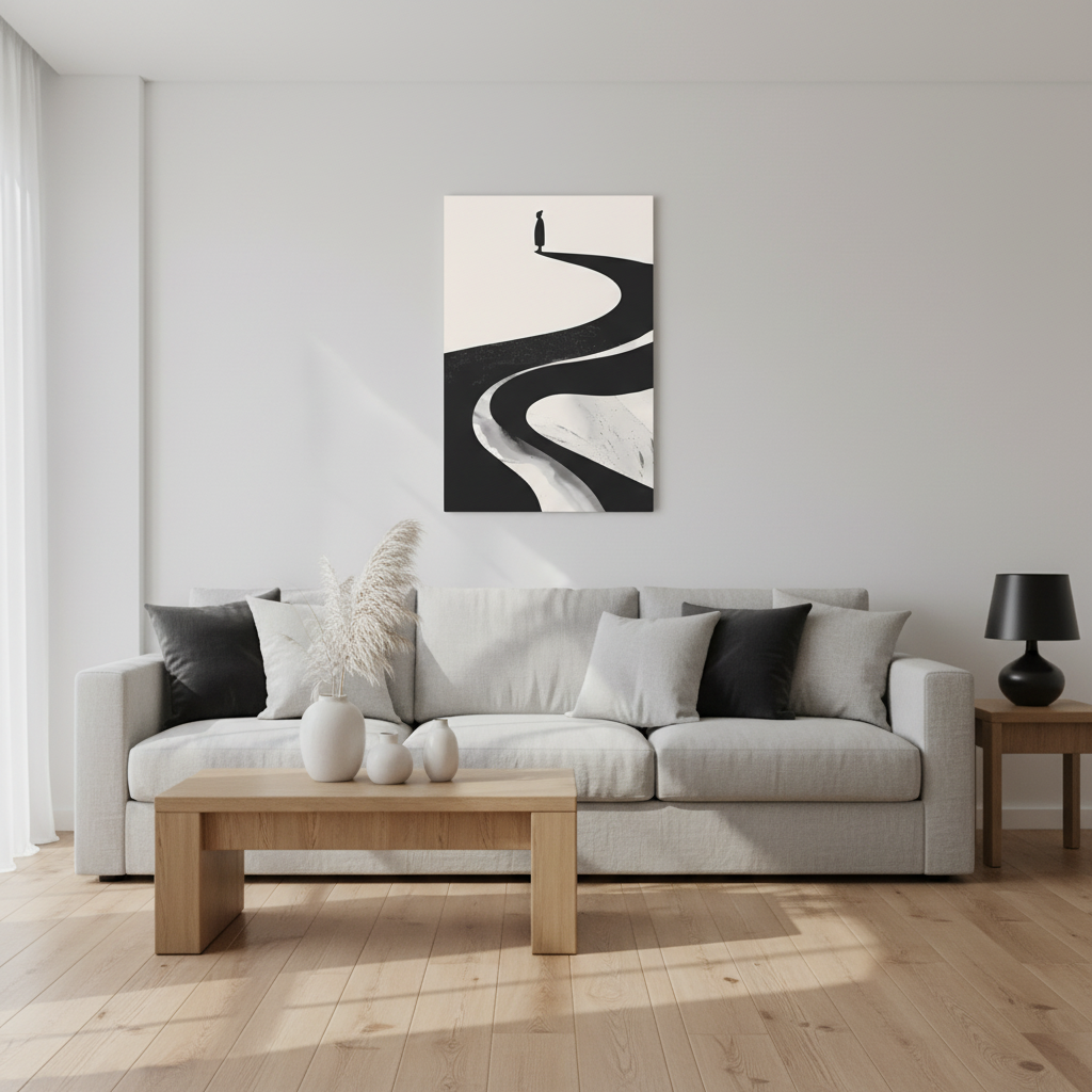 Minimalist Canvas Wall Art — Lone Figure on Winding Path Matte Stretched Canvas