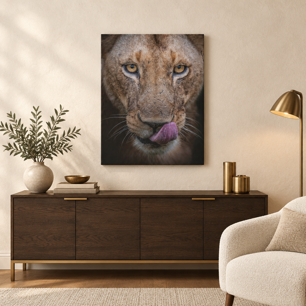 Male Lion Close‑Up Licking — By Photographer Patsy Weingart
