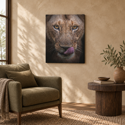 Male Lion Close‑Up Licking — By Photographer Patsy Weingart