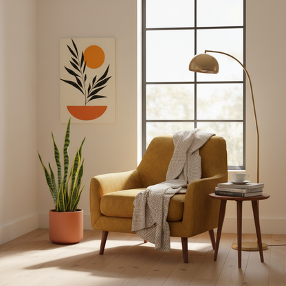 Minimalist Botanical Canvas Print — Midcentury Plant & Sun Wall Art