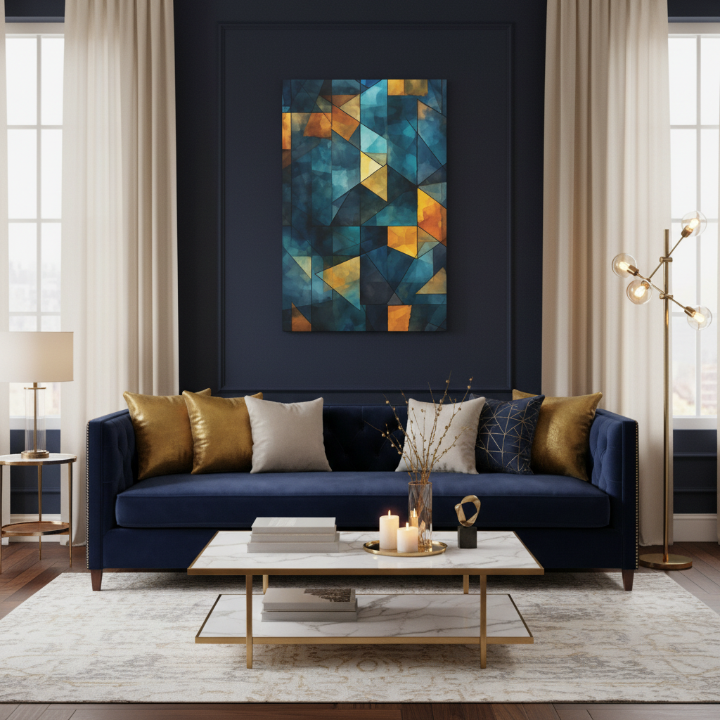 Midnight Mosaic” — Blue & Gold Abstract Print
