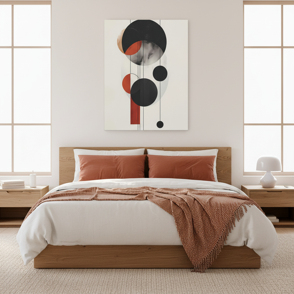 Modern Abstract Geometric Canvas Print: Black, Terracotta & Red Circles