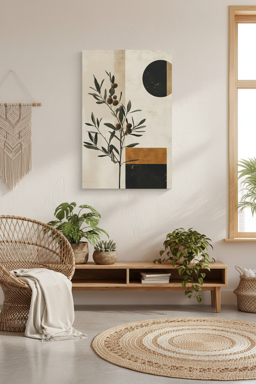 Modern Olive Branch canvas in boho interior