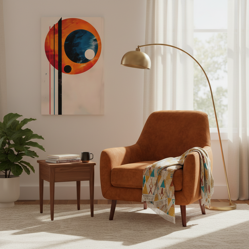 Abstract Geometric Canvas Art – Modern Retro Planet Print, Matte Stretched Canvas