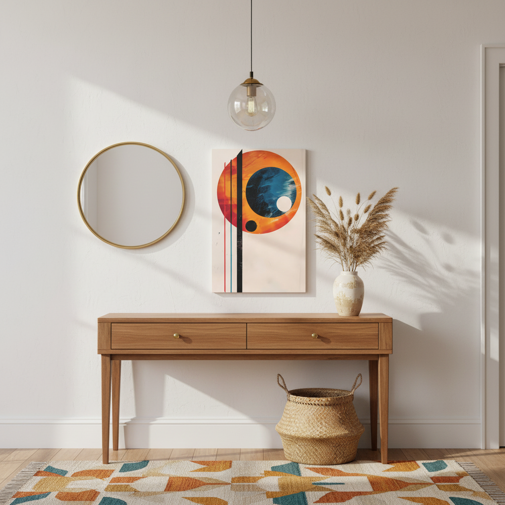 Abstract Geometric Canvas Art – Modern Retro Planet Print, Matte Stretched Canvas