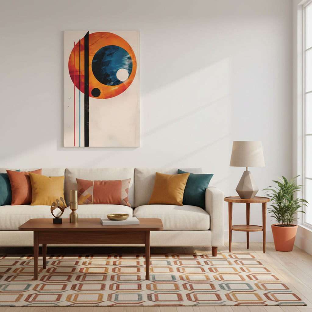 Abstract Geometric Canvas Art – Modern Retro Planet Print, Matte Stretched Canvas
