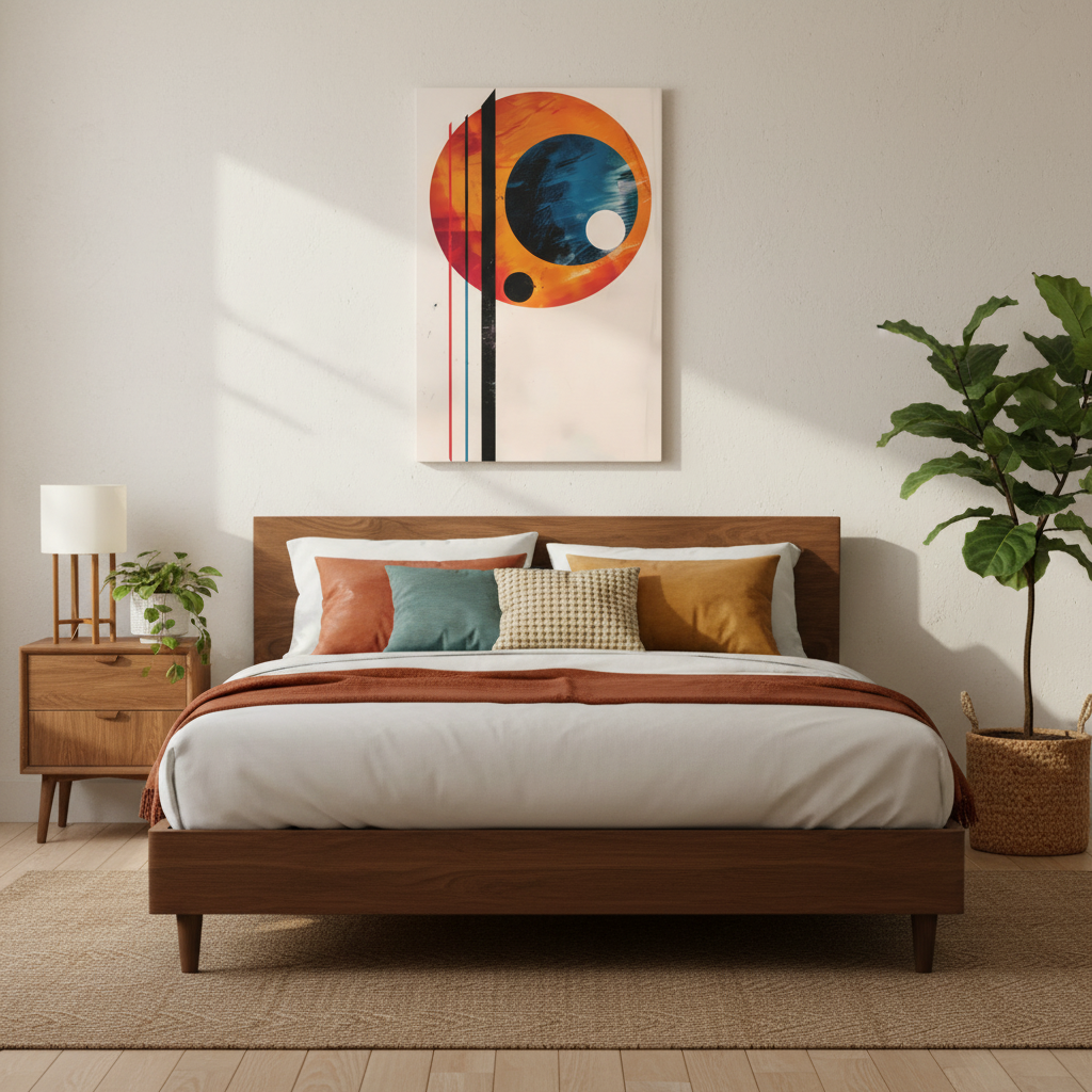 Abstract Geometric Canvas Art – Modern Retro Planet Print, Matte Stretched Canvas