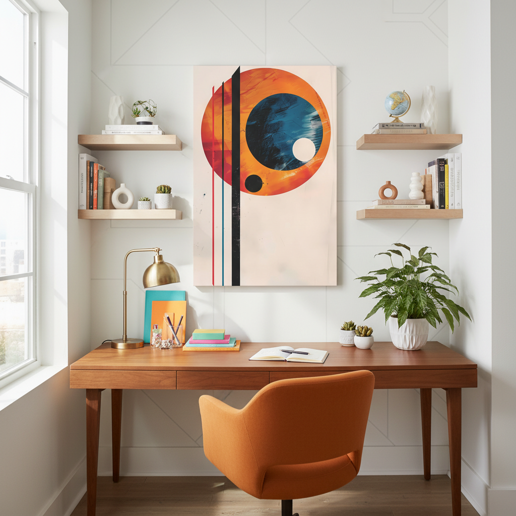 Abstract Geometric Canvas Art – Modern Retro Planet Print, Matte Stretched Canvas