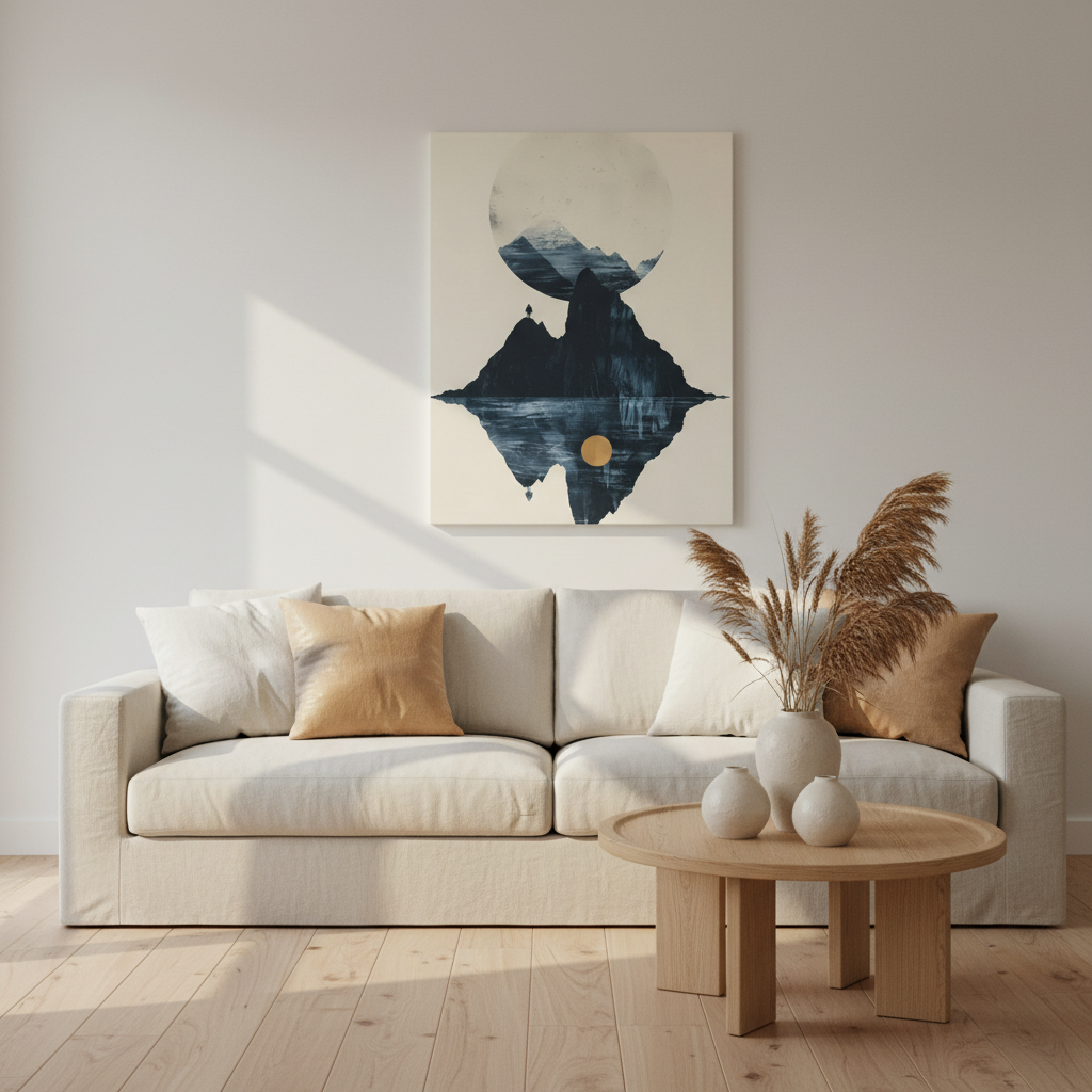 Modern Solitude Canvas Print: Mountain Reflection and Golden Sun