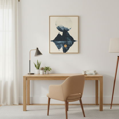 Modern Solitude Canvas Print: Mountain Reflection and Golden Sun