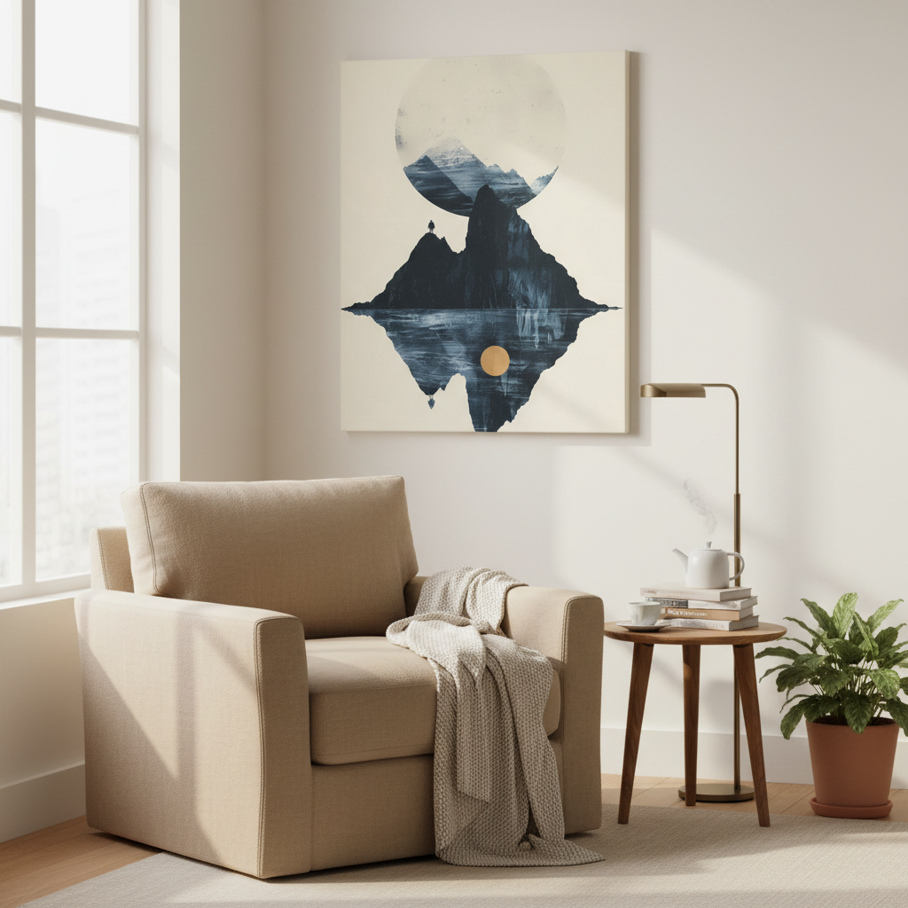 Modern Solitude Canvas Print: Mountain Reflection and Golden Sun